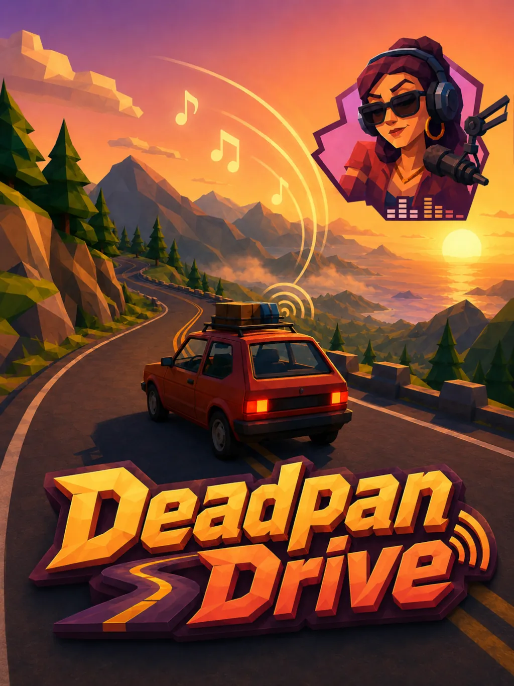 Carro low poly numa estrada de serra ao pôr do sol com a DJ da rádio no jogo Deadpan Drive, conceito de drop do Indie Game Pass