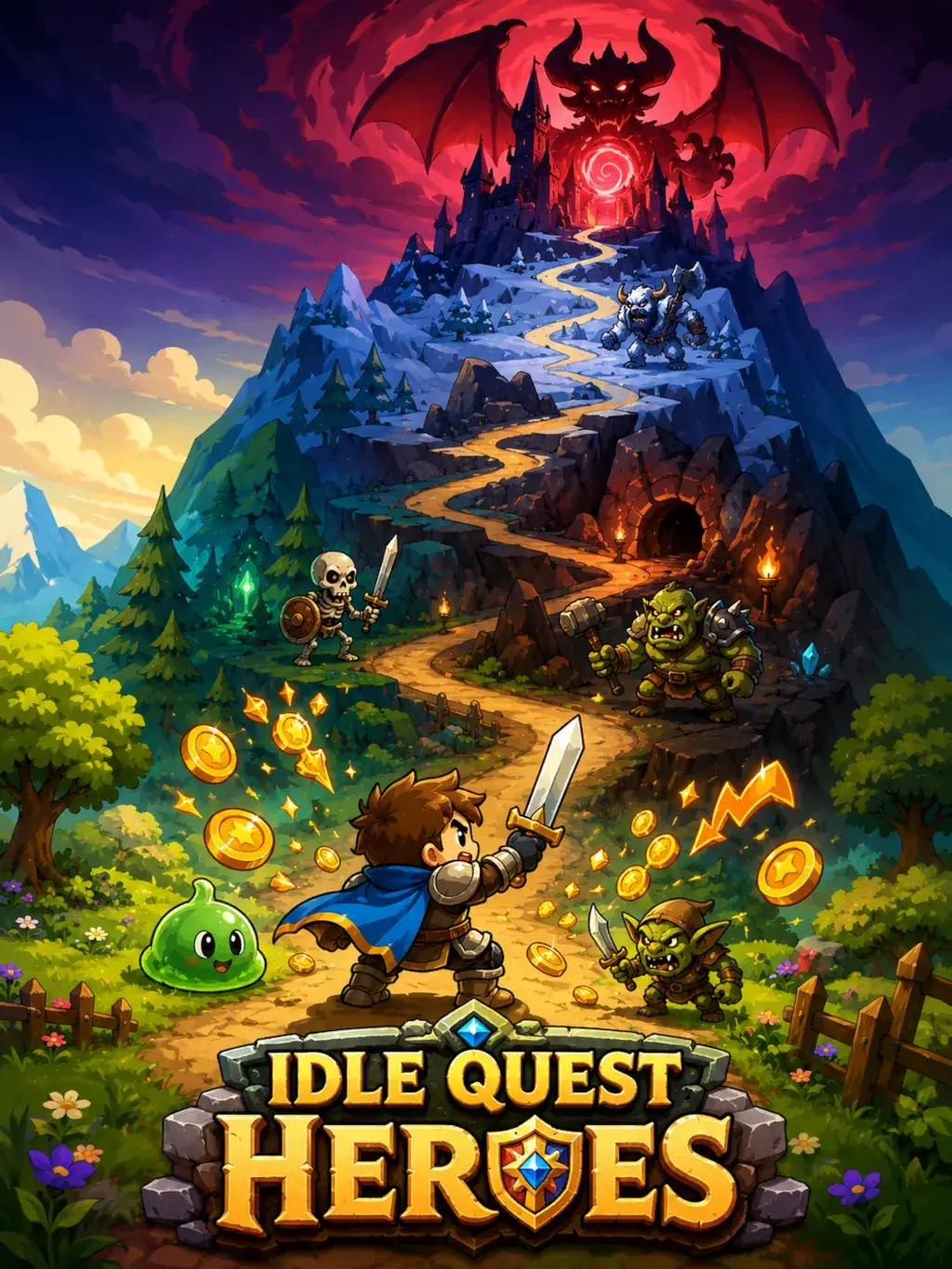 Herói enfrentando goblins e slime numa trilha até um castelo demoníaco no RPG idle Idle Quest Heroes, conceito de drop do Indie Game Pass